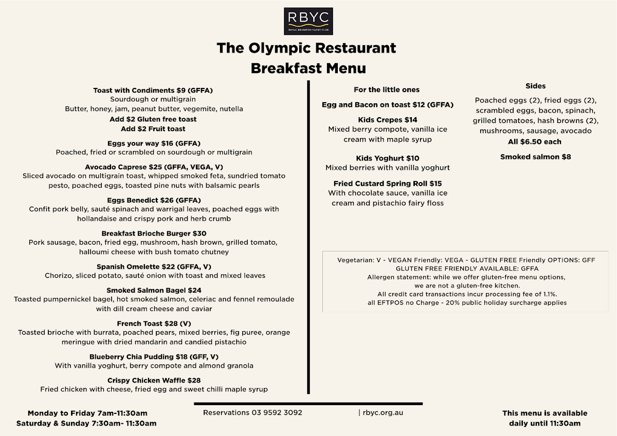 Menu, Royal Brighton Yacht Club