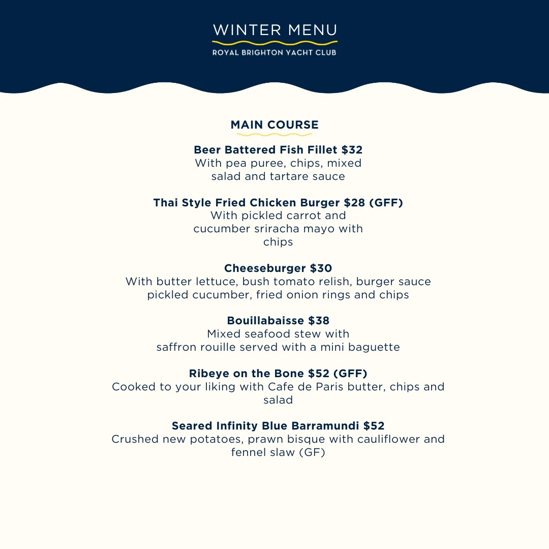 Menu, Royal Brighton Yacht Club