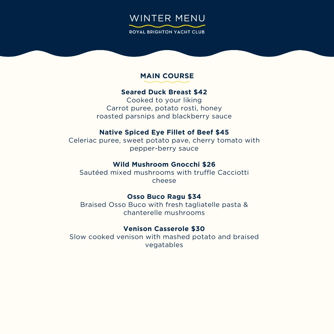 Menu, Royal Brighton Yacht Club