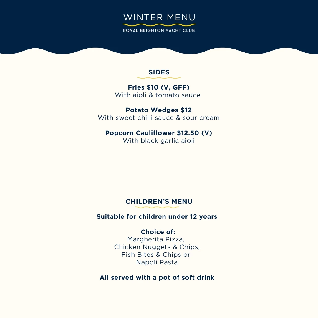 Menu, Royal Brighton Yacht Club