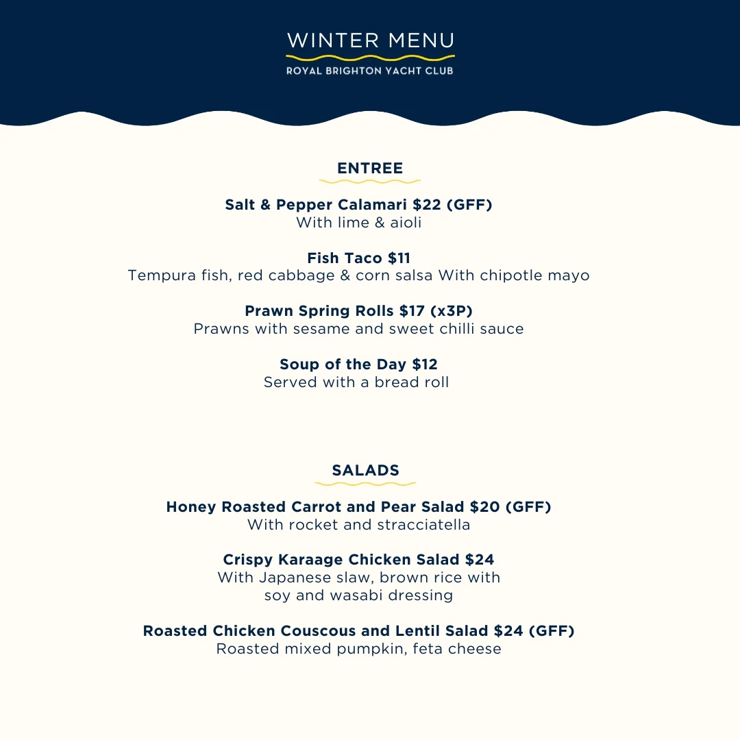 Menu, Royal Brighton Yacht Club