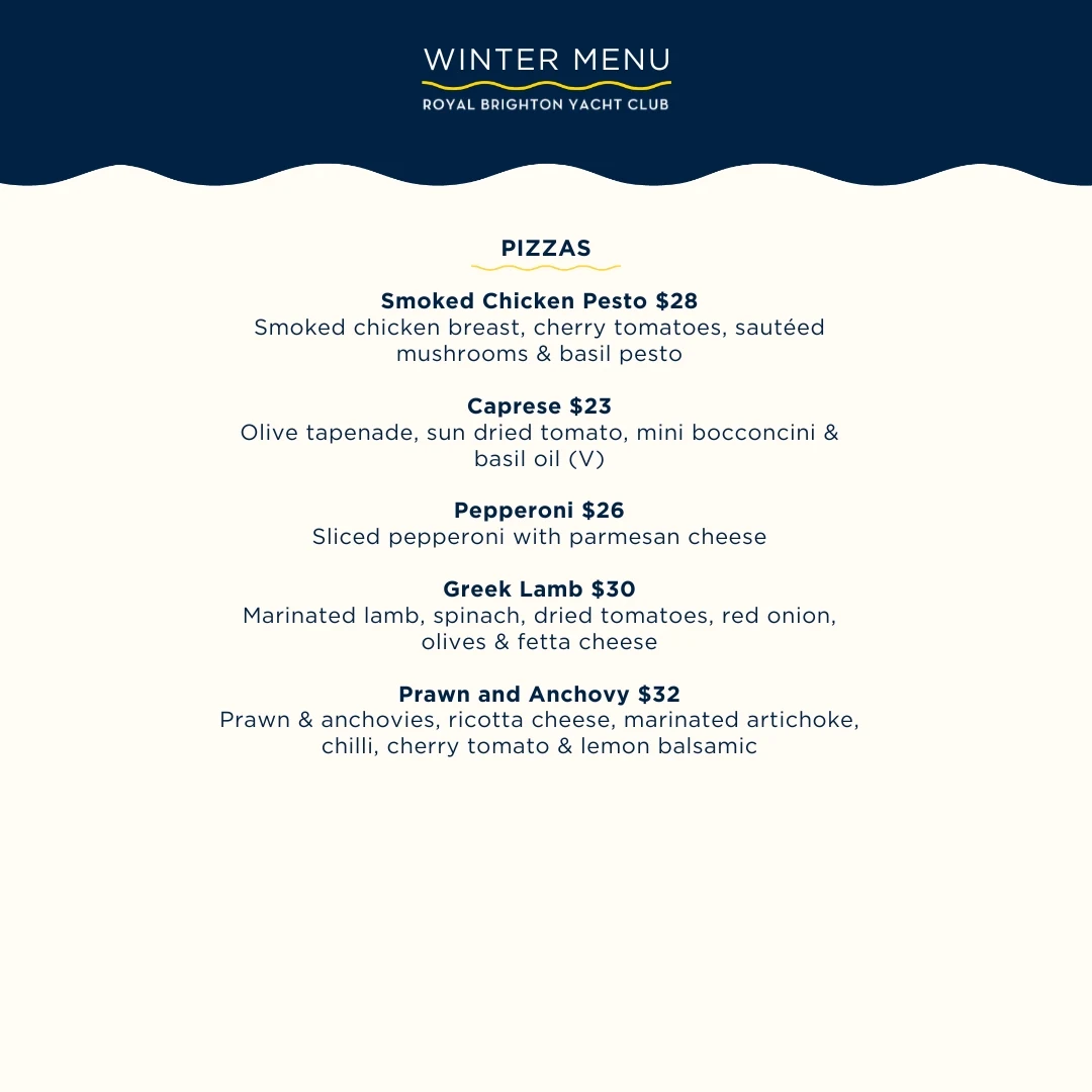 Menu, Royal Brighton Yacht Club