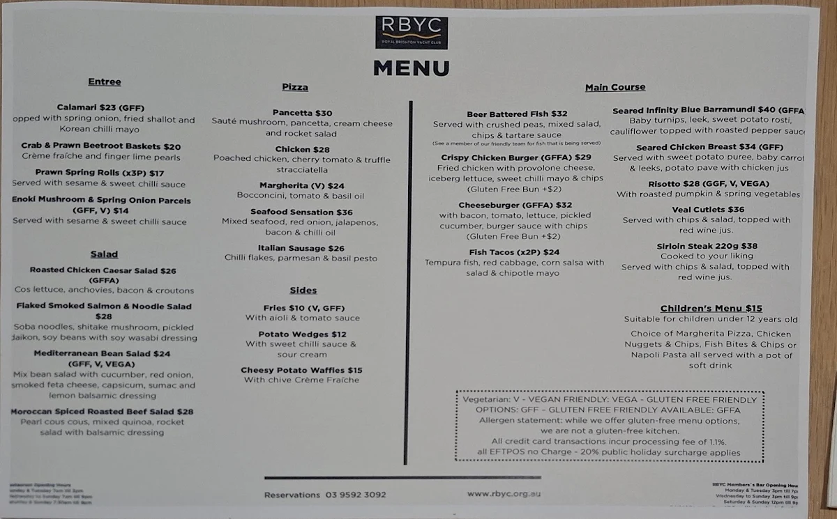 Menu, Royal Brighton Yacht Club