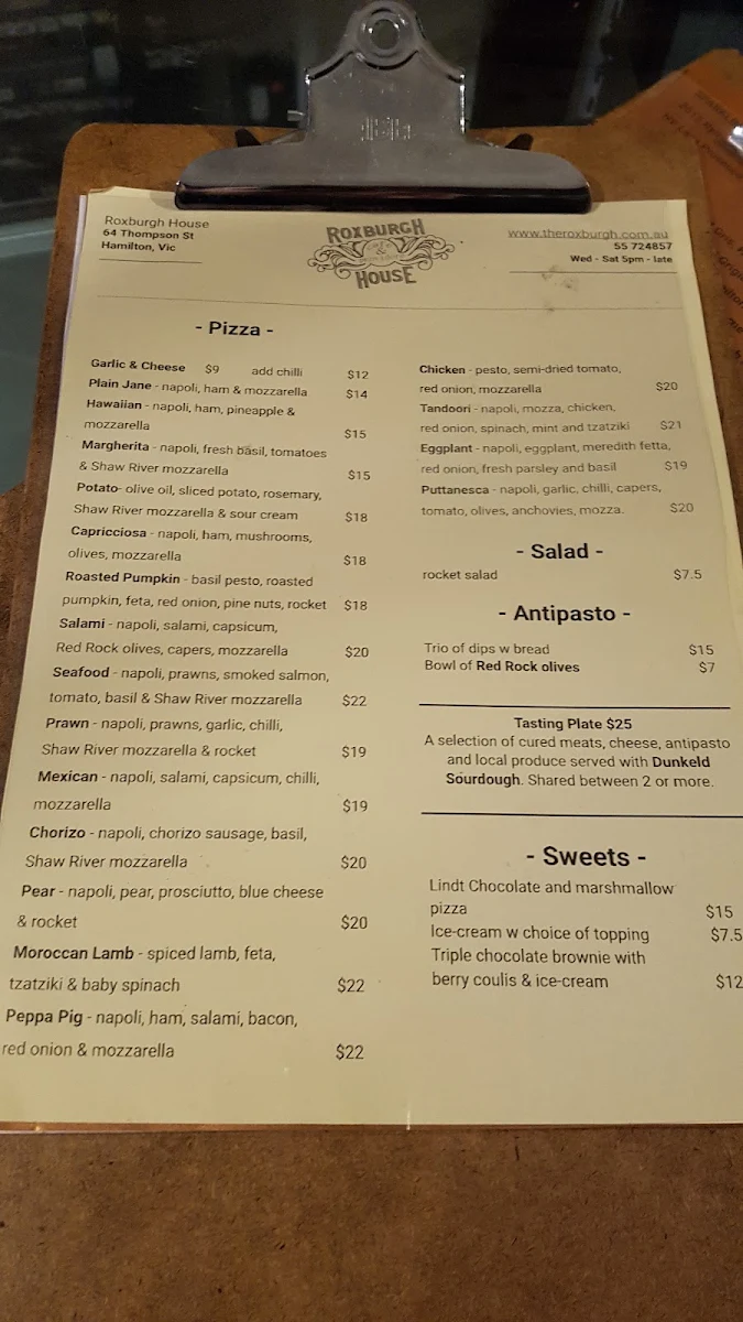 Menu, The Roxburgh
