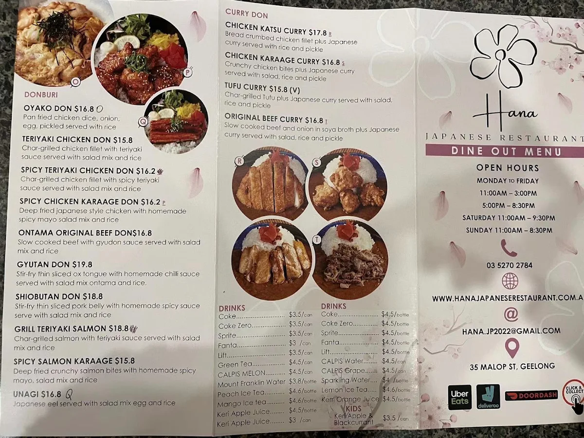 Menu, Hana Japanese Restaurant