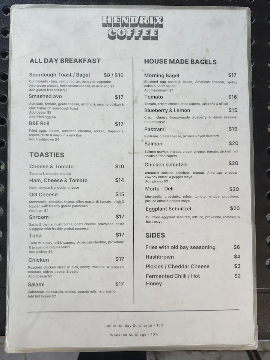 Menu, Hendrix Coffee Co