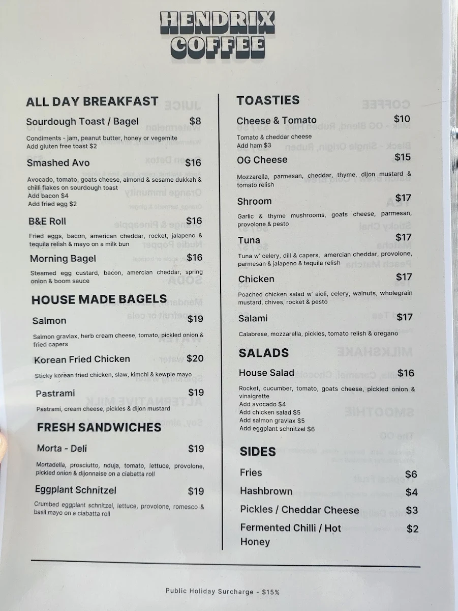 Menu, Hendrix Coffee Co