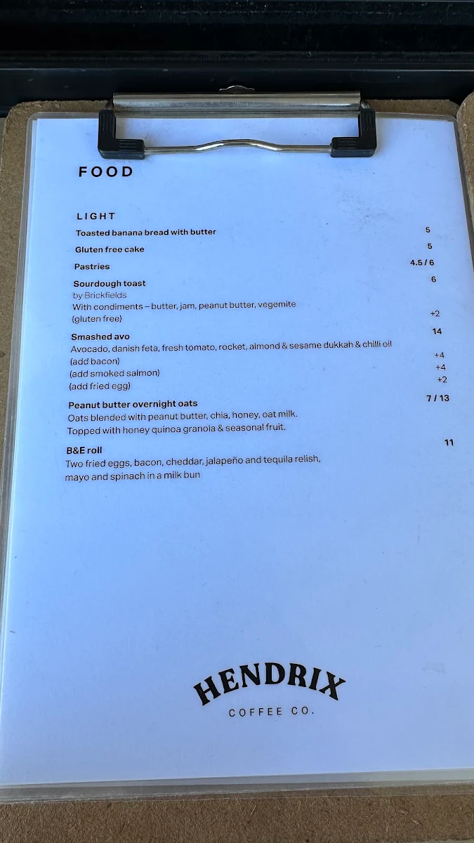 Menu, Hendrix Coffee Co