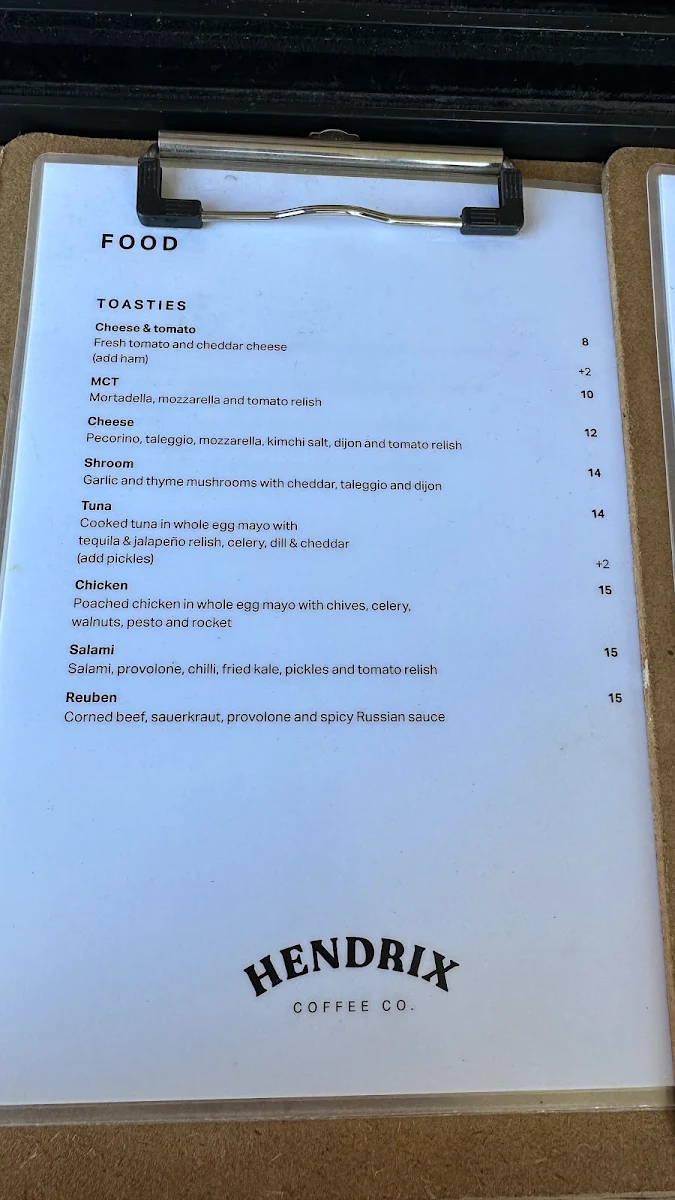 Menu, Hendrix Coffee Co