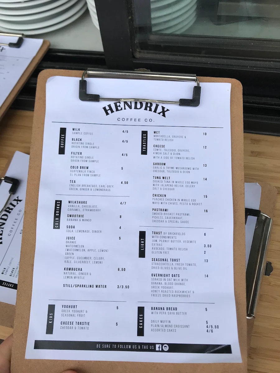 Menu, Hendrix Coffee Co