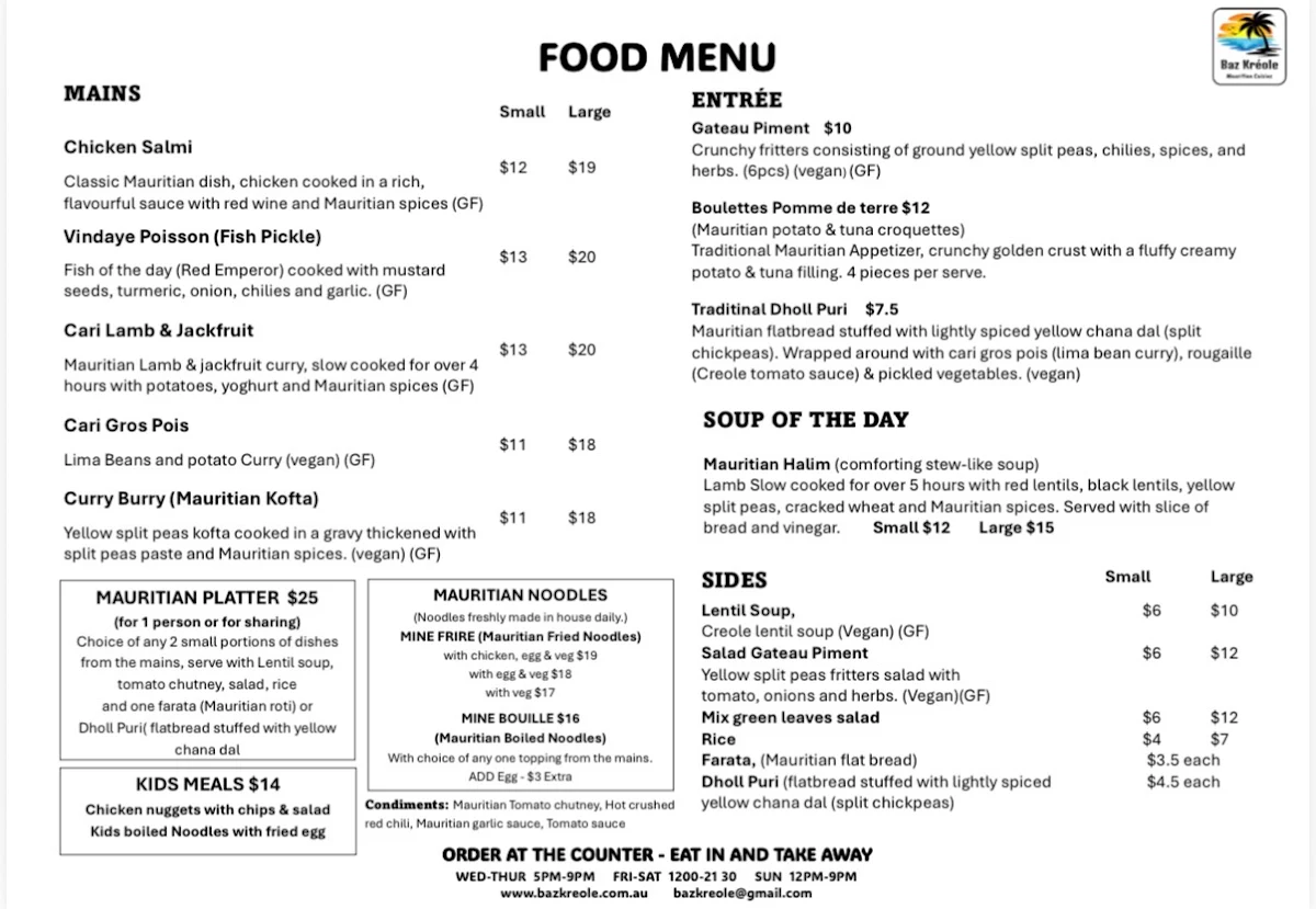 Menu, Baz Kreole