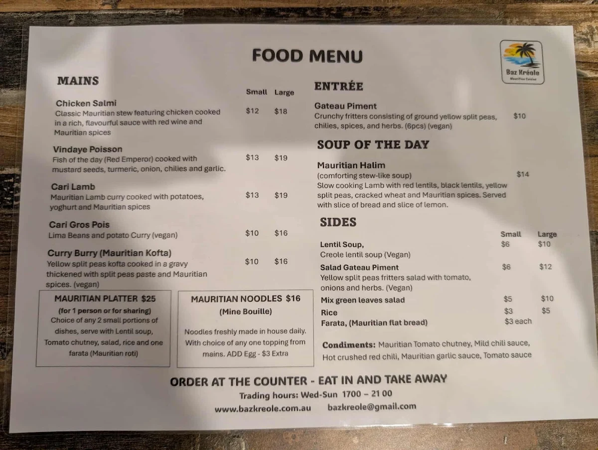 Menu, Baz Kreole