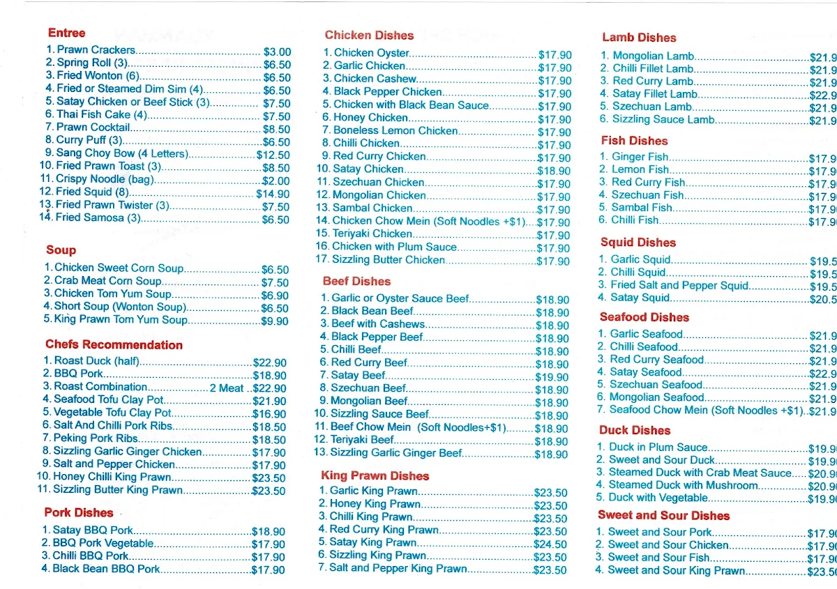 Menu, Yuanman Chinese Restaurant & Takeaway