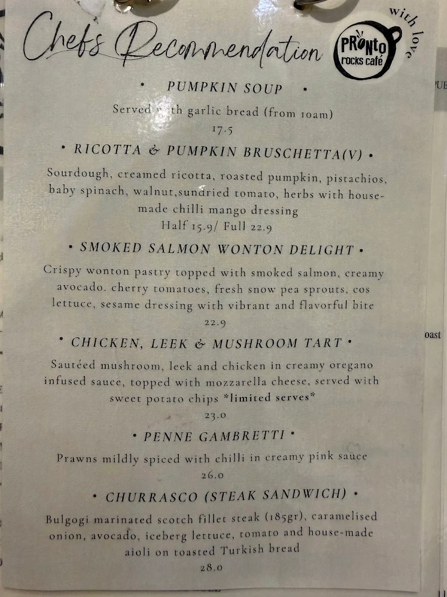 Menu, Pronto Rocks Cafe