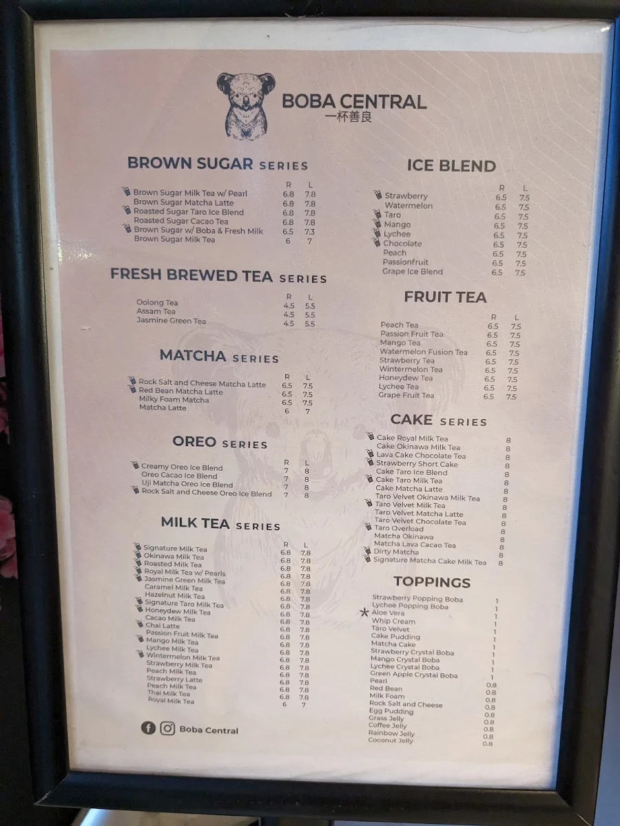 Menu, Boba Central
