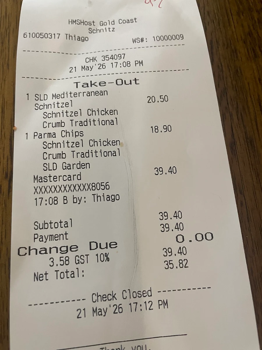 Menu, Schnitz Gold Coast Airport