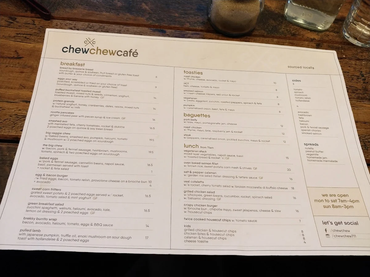 Menu, Chew Chew Cafe