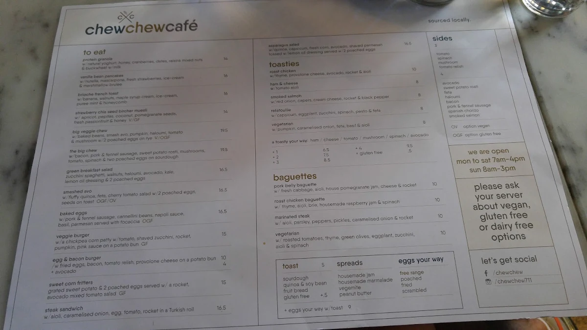 Menu, Chew Chew Cafe