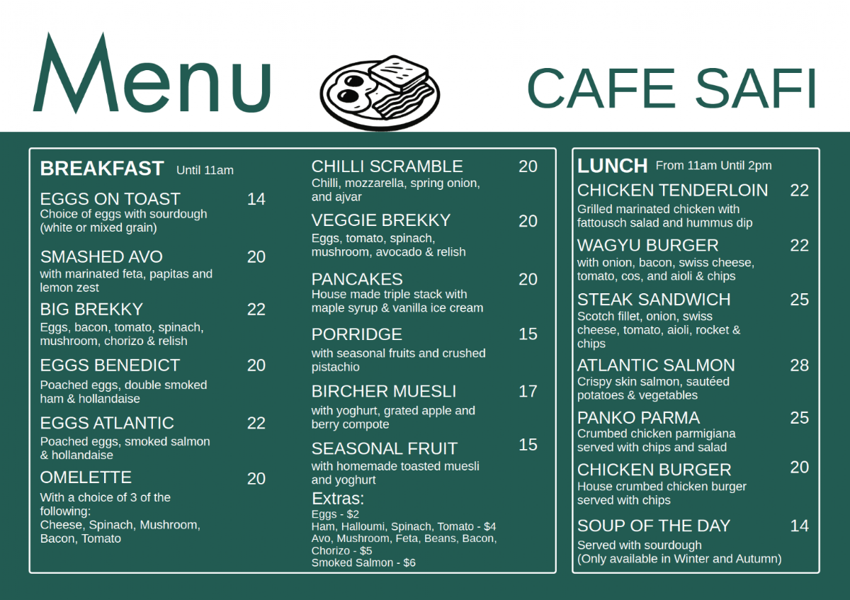 Menu, Cafe Safi
