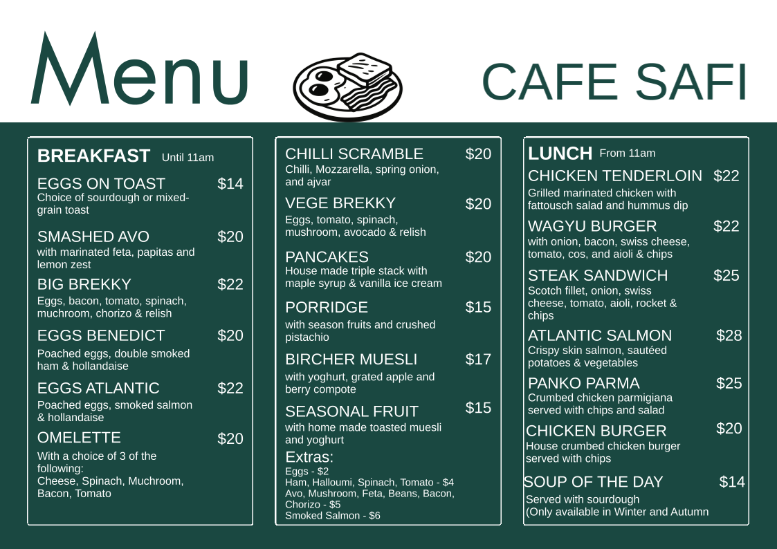 Menu, Cafe Safi