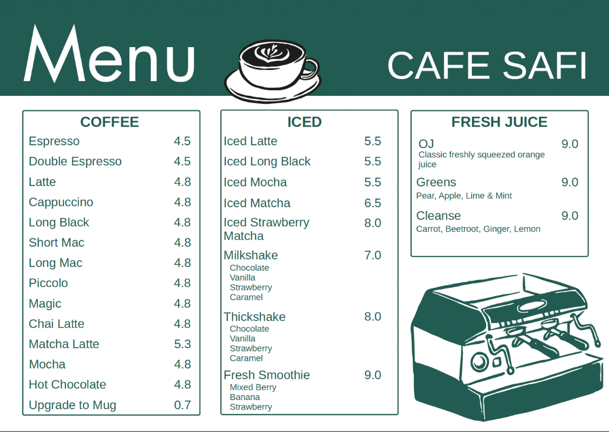 Menu, Cafe Safi