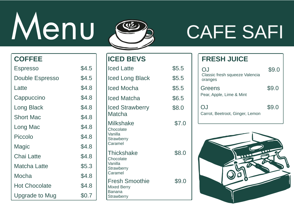 Menu, Cafe Safi