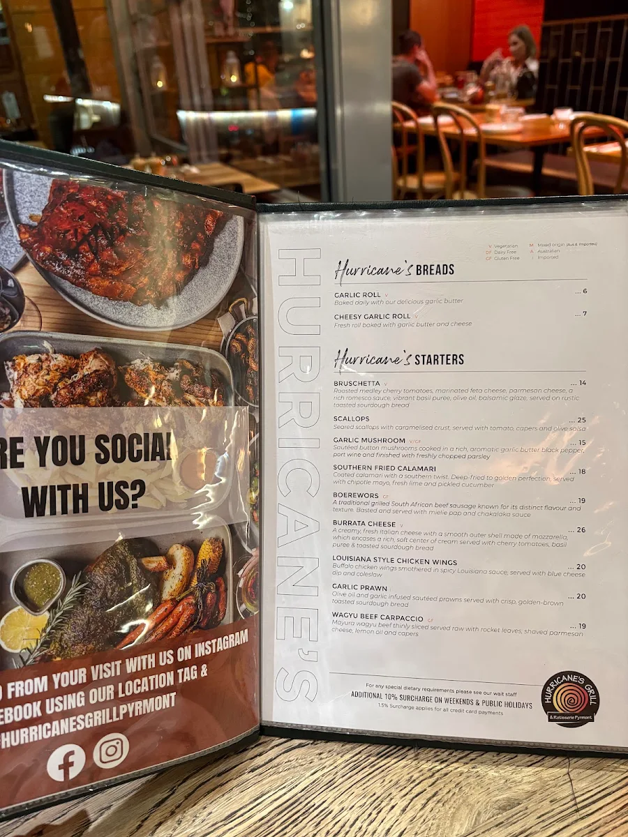 Menu, Hurricane's Grill & Rotisserie Pyrmont