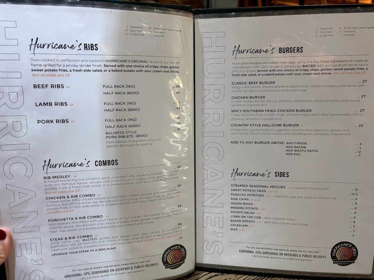 Menu, Hurricane's Grill & Rotisserie Pyrmont