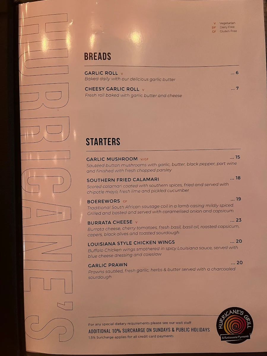 Menu, Hurricane's Grill & Rotisserie Pyrmont