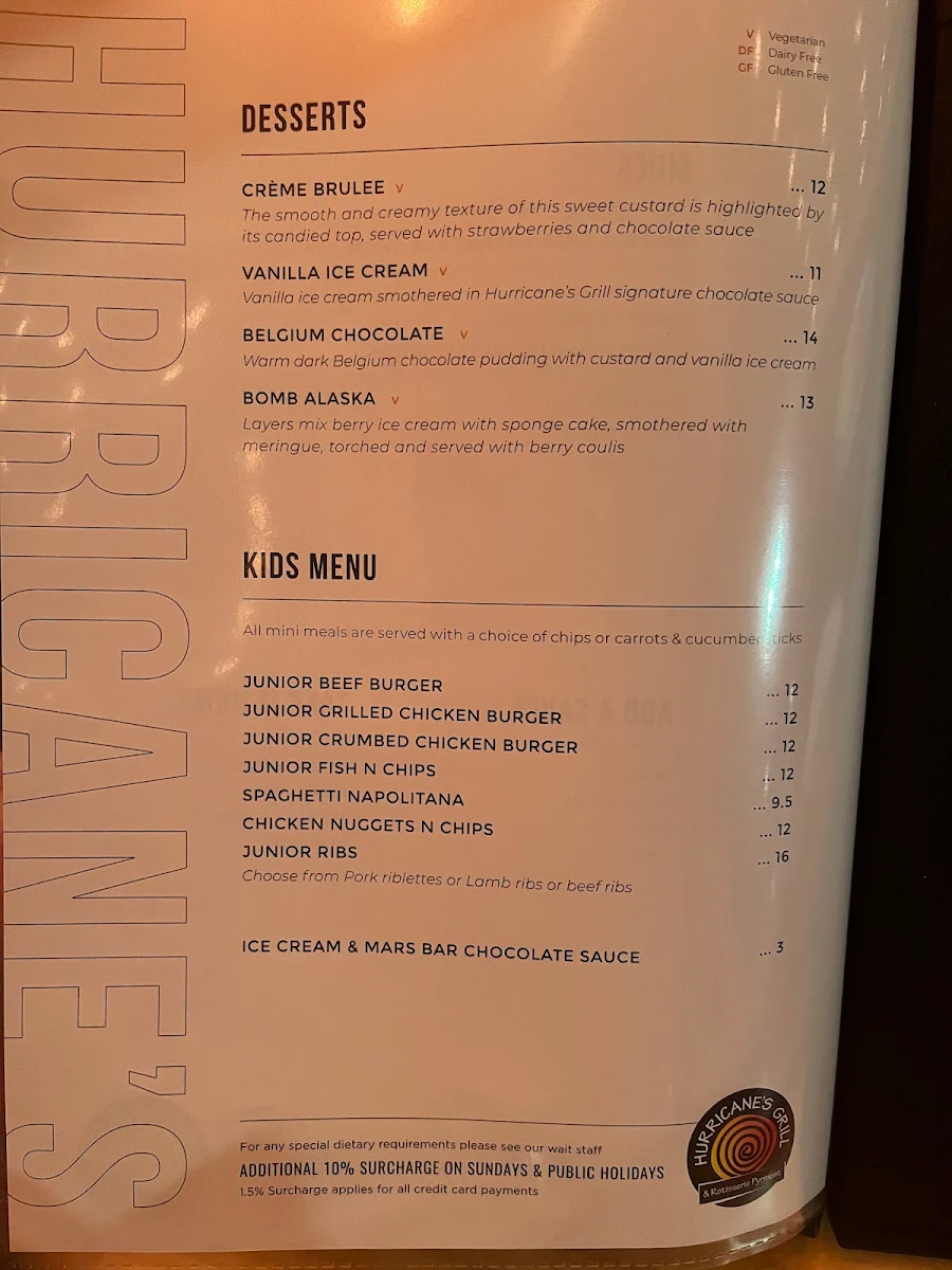 Menu, Hurricane's Grill & Rotisserie Pyrmont