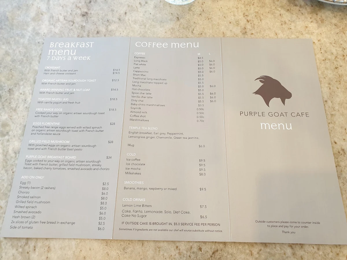 Menu, Purple Goat Café