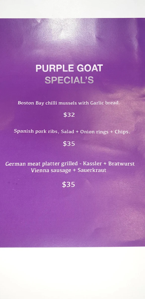 Menu, Purple Goat Café