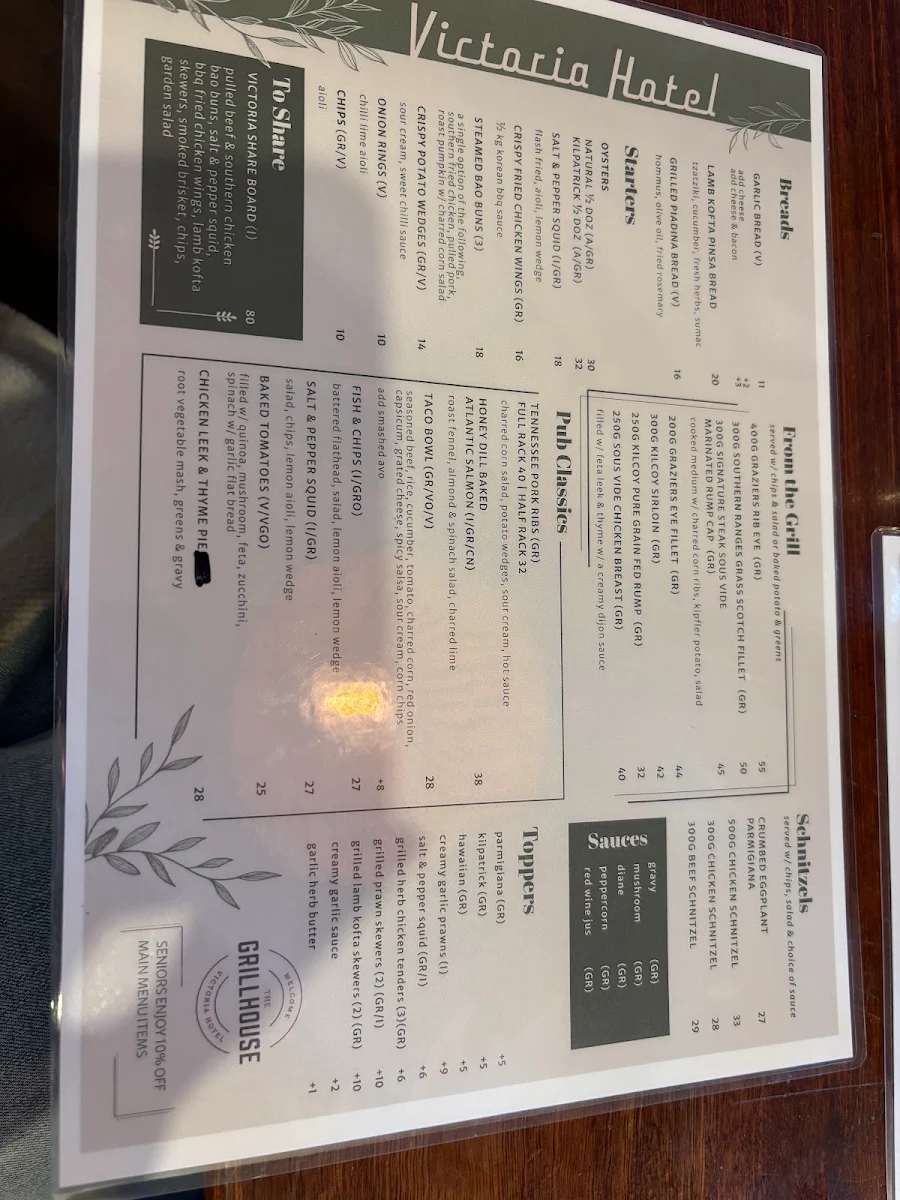 Menu, Victoria Hotel