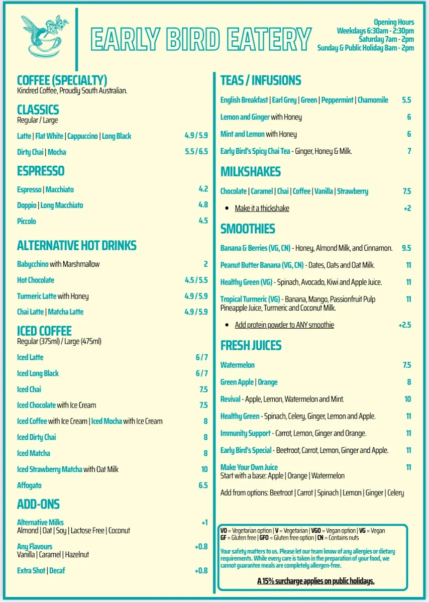 Menu, Early Bird Eatery & Specialty Coffee