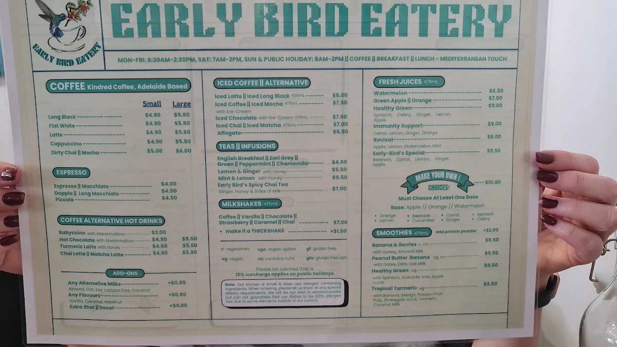 Menu, Early Bird Eatery & Specialty Coffee