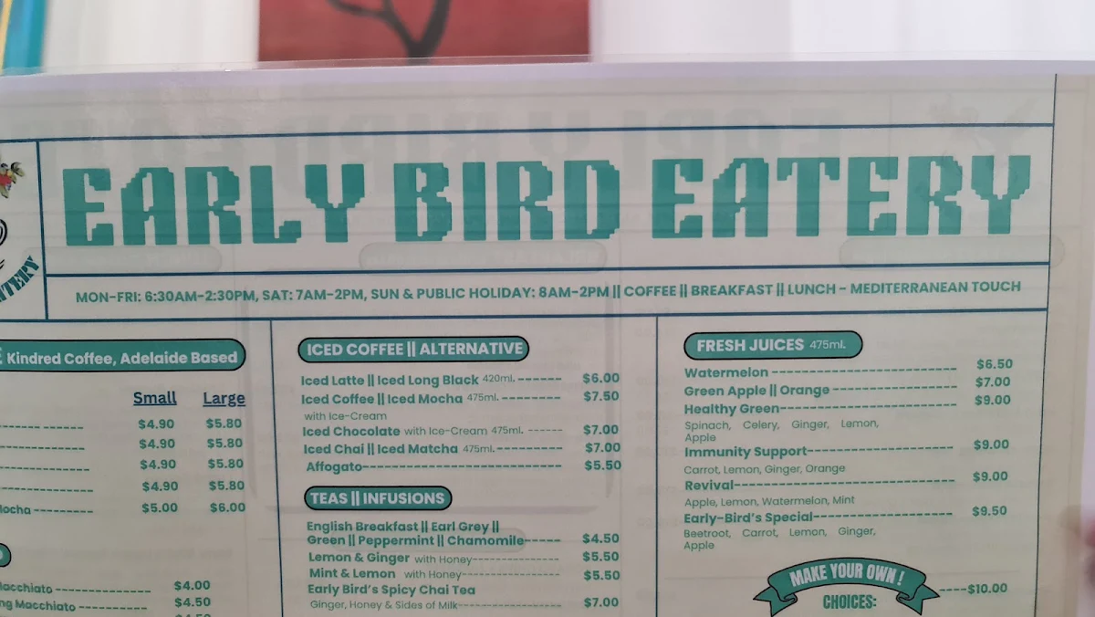 Menu, Early Bird Eatery & Specialty Coffee