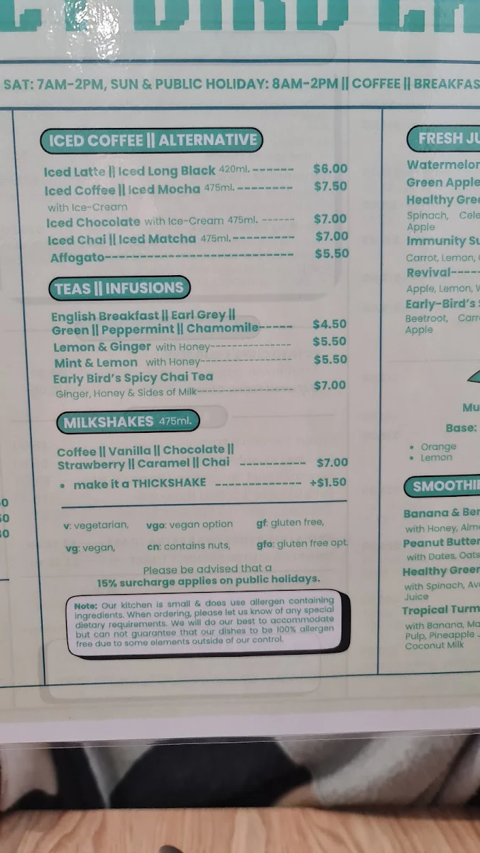 Menu, Early Bird Eatery & Specialty Coffee