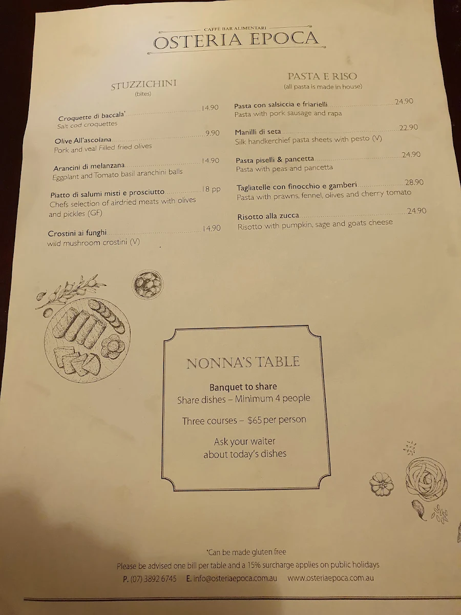 Menu, Osteria Epoca