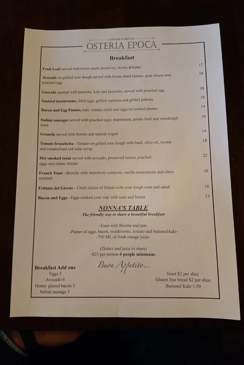 Menu, Osteria Epoca