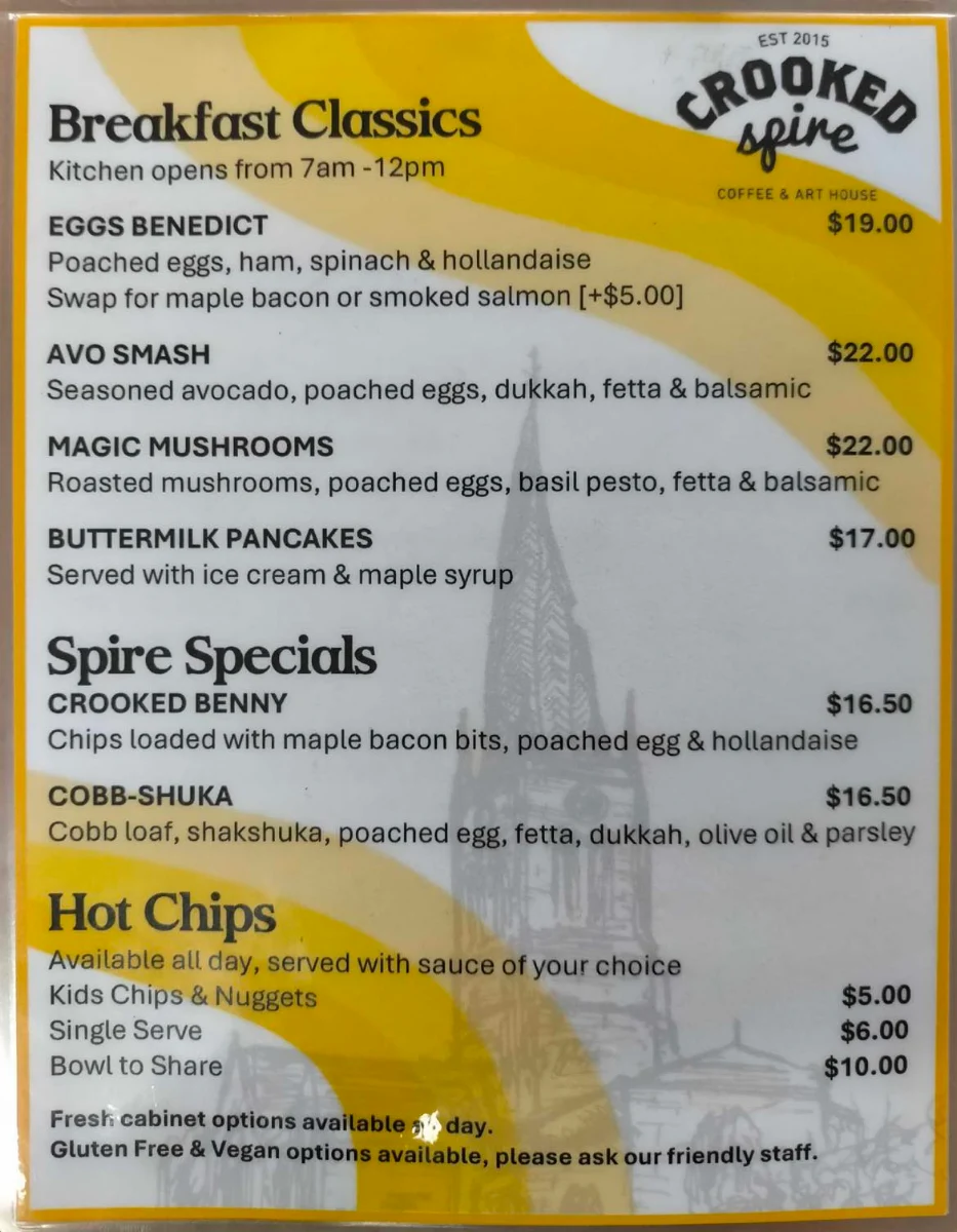 Menu, Crooked Spire Coffee & Art House Henley Brook