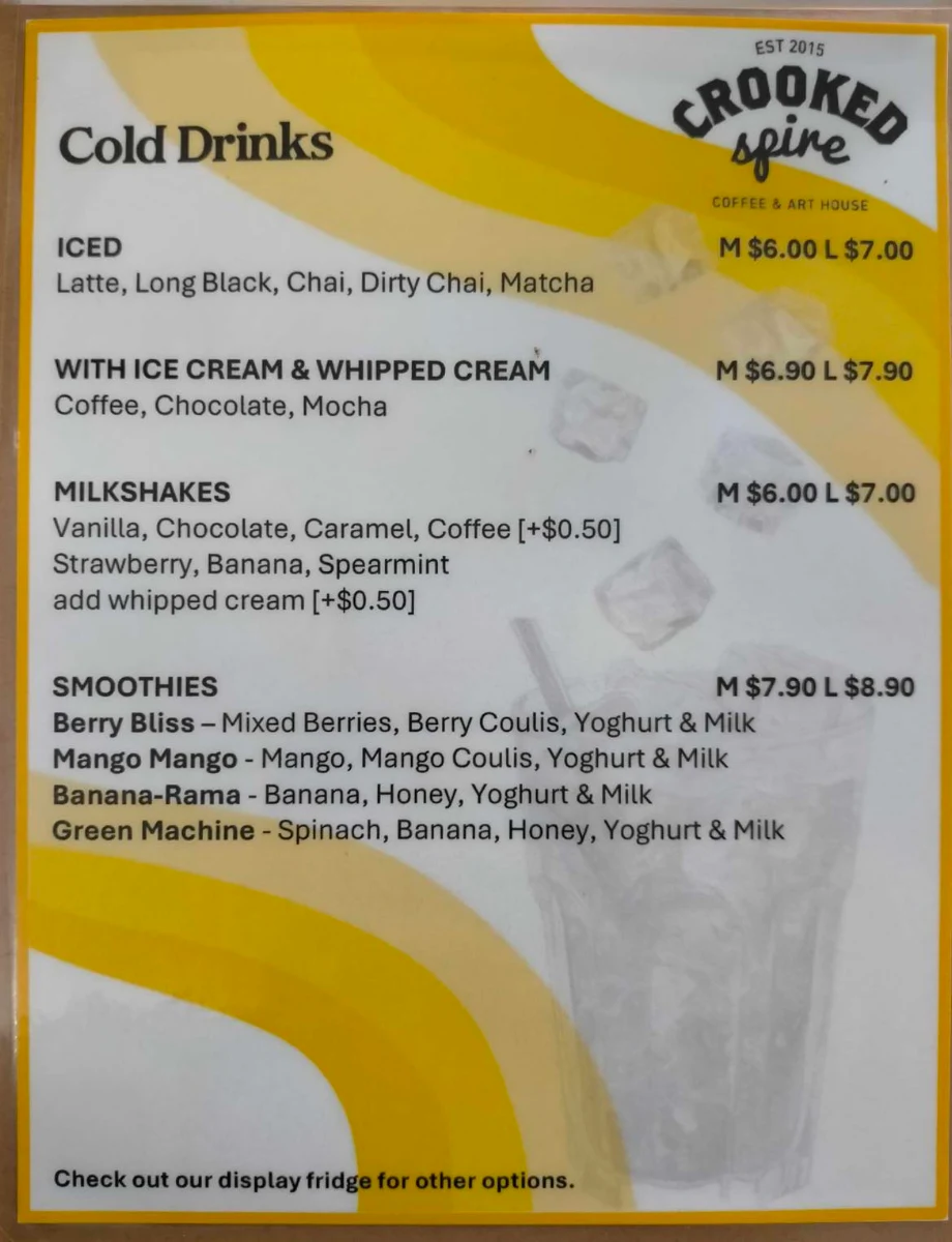Menu, Crooked Spire Coffee & Art House Henley Brook