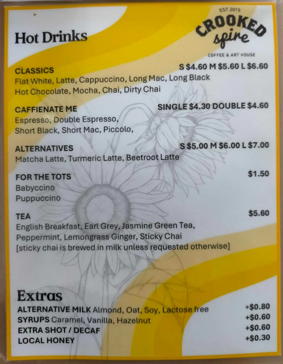 Menu, Crooked Spire Coffee & Art House Henley Brook