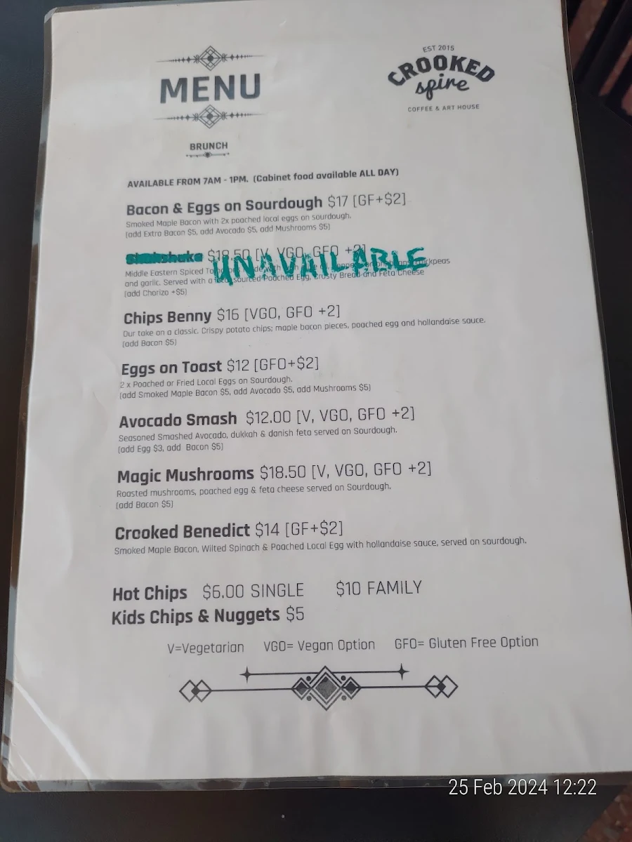 Menu, Crooked Spire Coffee & Art House Henley Brook