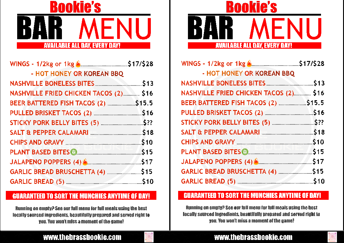 Menu, The Brass Bookie