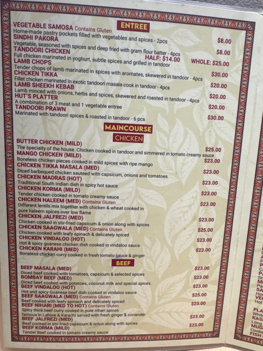 Menu, Tandoori Hut Newtown