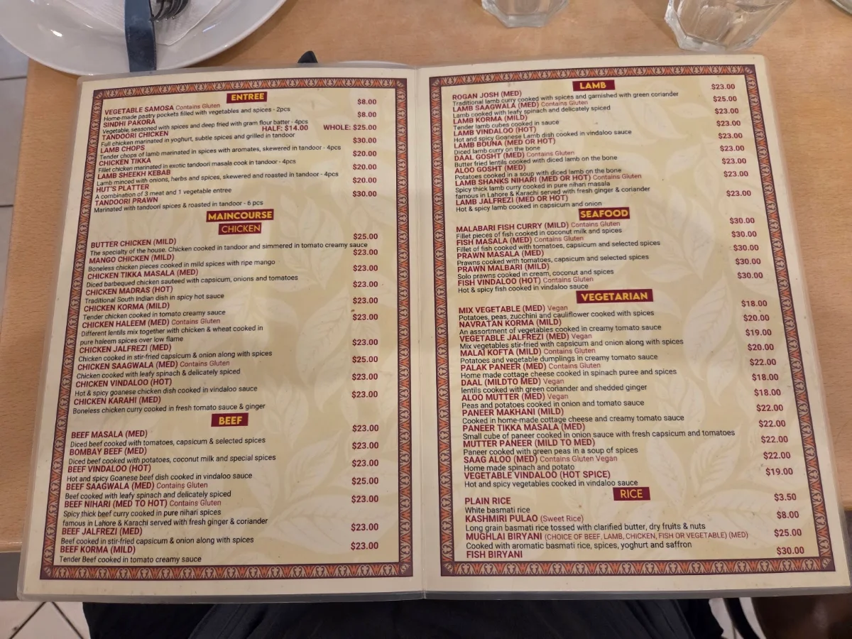 Menu, Tandoori Hut Newtown