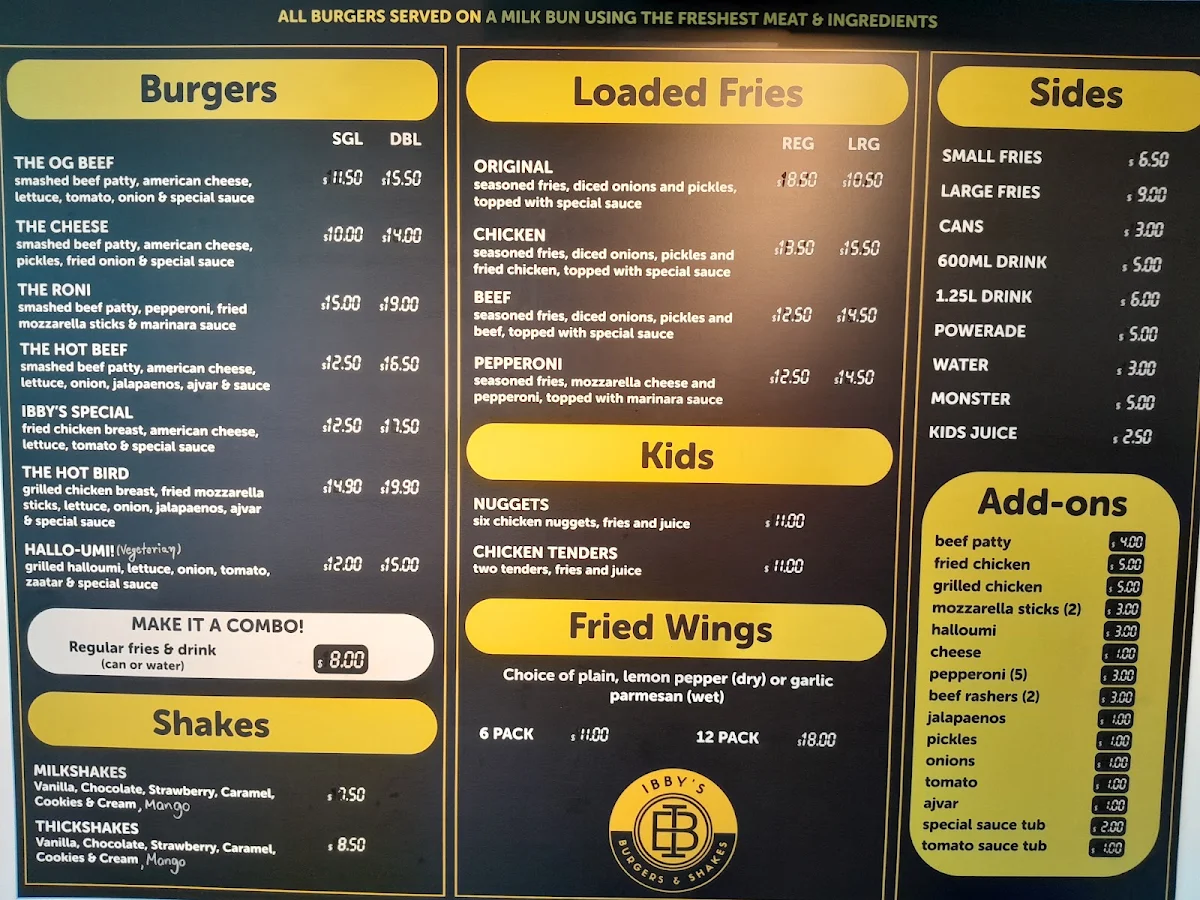 Menu, Ibby’s Burgers & Shakes