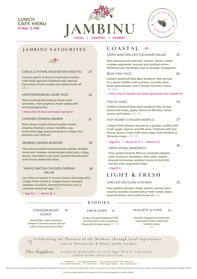 Menu, Jambinu- Formally Piper Lane Cafe