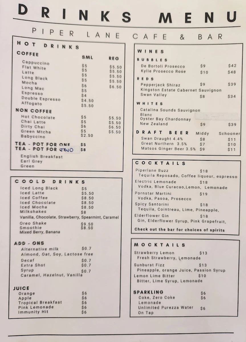 Menu, Jambinu- Formally Piper Lane Cafe