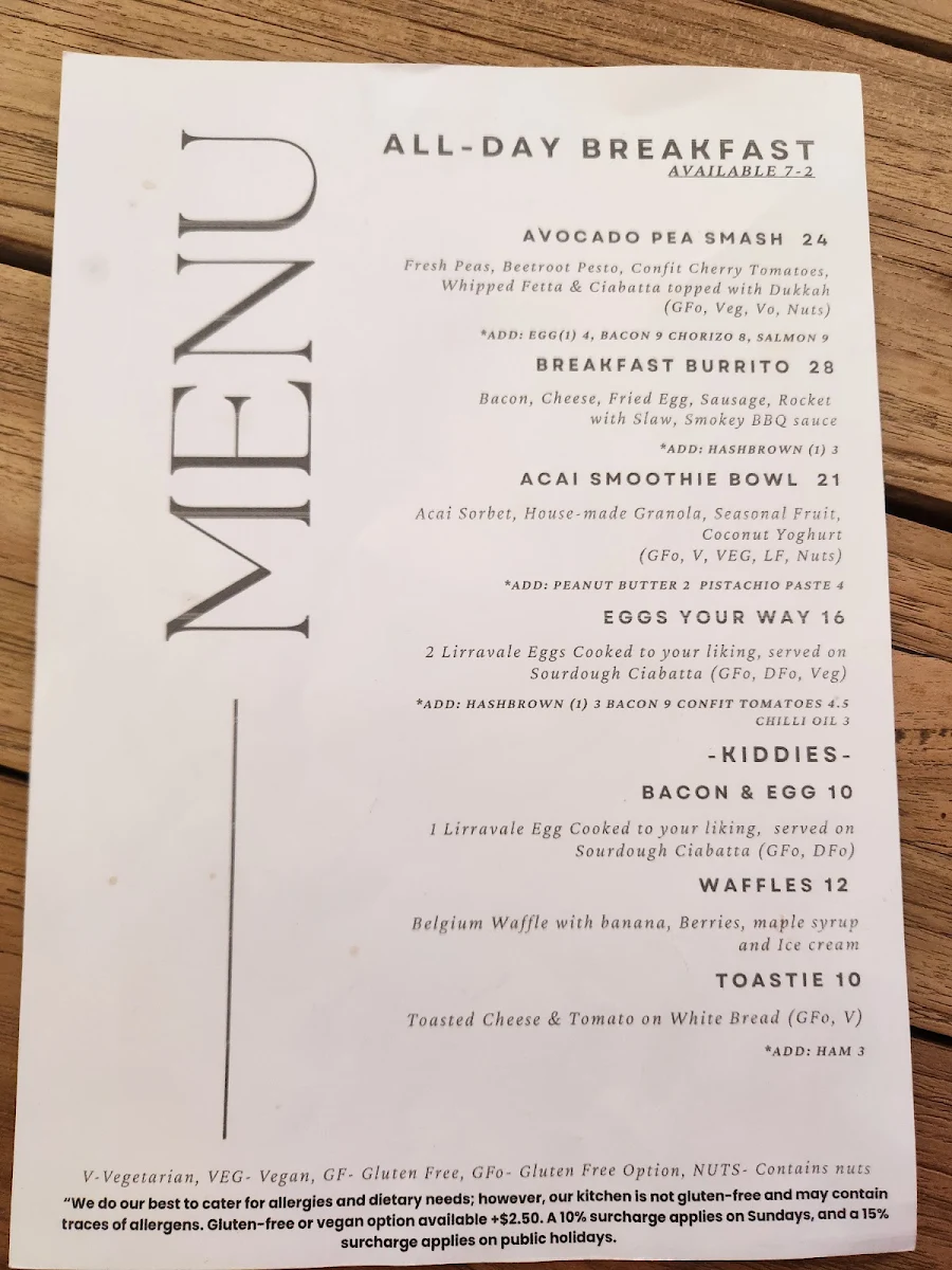 Menu, Jambinu- Formally Piper Lane Cafe